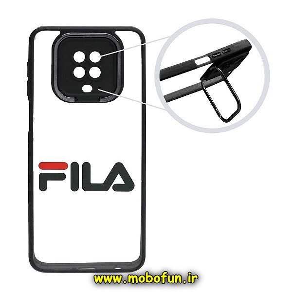 قاب گوشی Redmi Note 9S - Redmi Note 9 Pro شیائومی متال کیس Metal طرح دار فانتزی فیلا FILA پشت طلق شفاف شیشه ای محافظ لنزدار استنددار مشکی کد 766