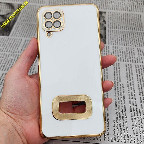 قاب گوشی Galaxy A12 - Galaxy M12 - Galaxy F12 سامسونگ طرح ژله ای مای کیس مگ سیف Magsafe گلد لاین دور طلایی محافظ لنز دار شیشه ای سفید کد 1078