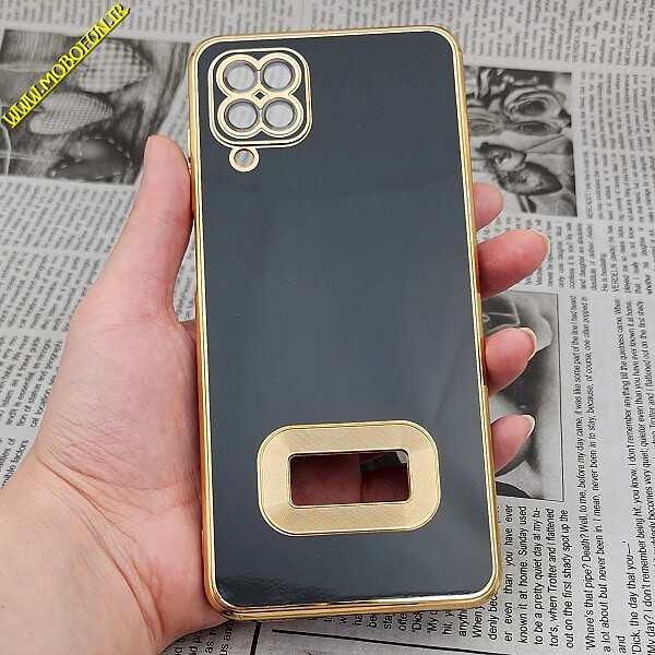 قاب گوشی Galaxy A12 - Galaxy M12 - Galaxy F12 سامسونگ طرح ژله ای مای کیس مگ سیف Magsafe گلد لاین دور طلایی محافظ لنز دار شیشه ای مشکی کد 1079