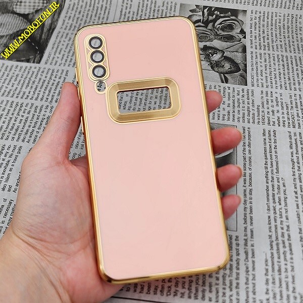 قاب گوشی Galaxy A30S - Galaxy A50S - Galaxy A50 سامسونگ طرح ژله ای مای کیس مگ سیف Magsafe گلد لاین دور طلایی محافظ لنز دار شیشه ای گلبهی کد 865
