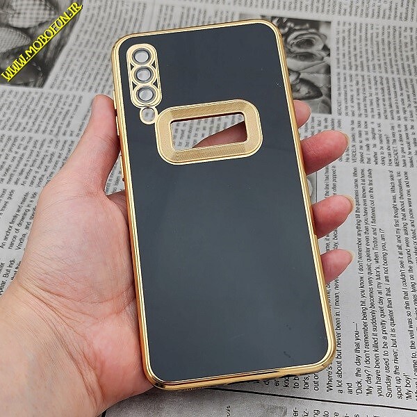 قاب گوشی Galaxy A30S - Galaxy A50S - Galaxy A50 سامسونگ طرح ژله ای مای کیس مگ سیف Magsafe گلد لاین دور طلایی محافظ لنز دار شیشه ای مشکی کد 867