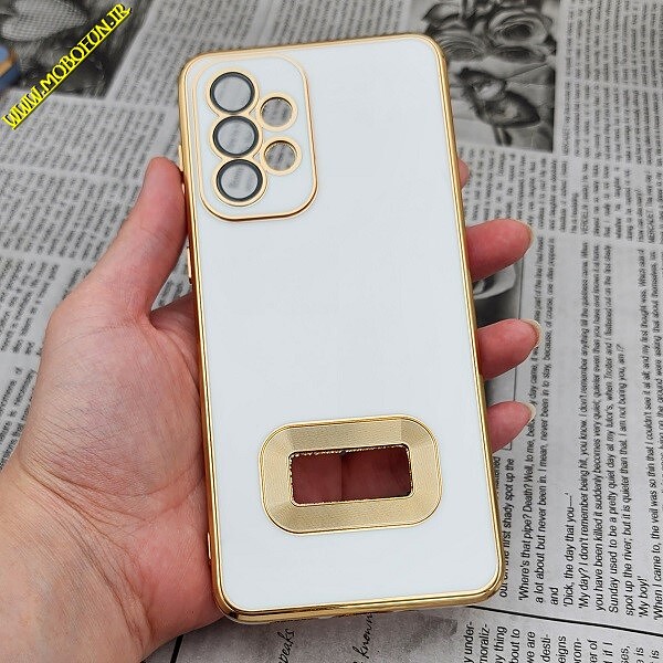 قاب گوشی Galaxy A33 5G سامسونگ طرح ژله ای مای کیس مگ سیف Magsafe گلد لاین دور طلایی محافظ لنز دار شیشه ای سفید کد 378
