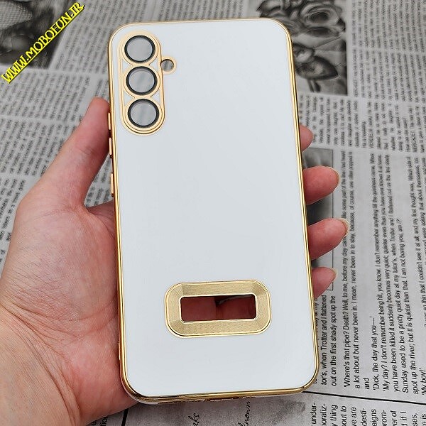 قاب گوشی Galaxy A34 5G سامسونگ طرح ژله ای مای کیس مگ سیف Magsafe گلد لاین دور طلایی محافظ لنز دار شیشه ای سفید کد 5