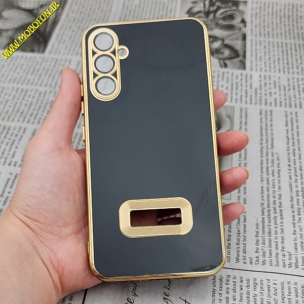 قاب گوشی Galaxy A34 5G سامسونگ طرح ژله ای مای کیس مگ سیف Magsafe گلد لاین دور طلایی محافظ لنز دار شیشه ای مشکی کد 6