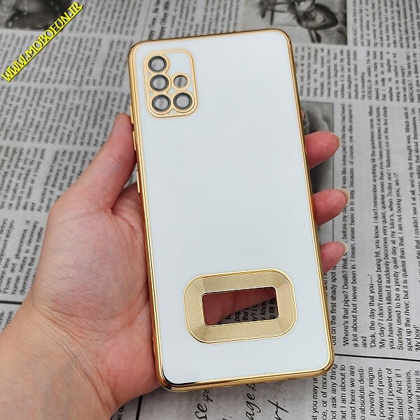 قاب گوشی Galaxy A51 سامسونگ طرح ژله ای مای کیس مگ سیف Magsafe گلد لاین دور طلایی محافظ لنز دار شیشه ای سفید کد 728