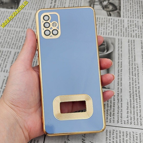 قاب گوشی Galaxy A51 سامسونگ طرح ژله ای مای کیس مگ سیف Magsafe گلد لاین دور طلایی محافظ لنز دار شیشه ای آبی فیلی کد 729