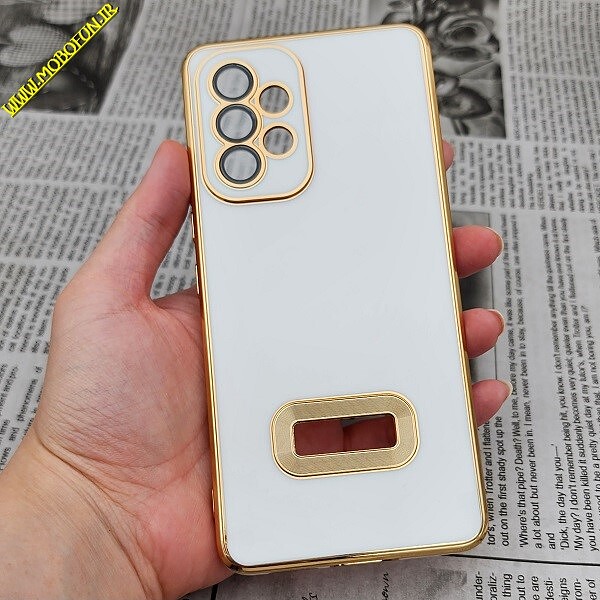 قاب گوشی Galaxy A53 5G سامسونگ طرح ژله ای مای کیس مگ سیف Magsafe گلد لاین دور طلایی محافظ لنز دار شیشه ای سفید کد 502