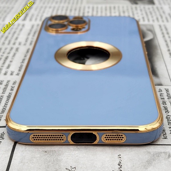 قاب گوشی iPhone 12 Pro Max آیفون طرح ژله ای مای کیس مگ سیف Magsafe گلد لاین دور طلایی محافظ لنز دار شیشه ای آبی فیلی کد 536