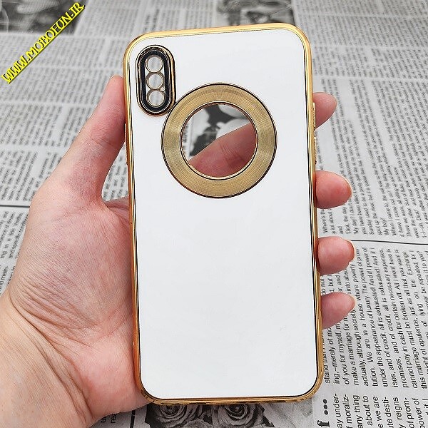 قاب گوشی iPhone X - iPhone XS آیفون طرح ژله ای مای کیس مگ سیف Magsafe گلد لاین دور طلایی محافظ لنز دار شیشه ای سفید کد 425