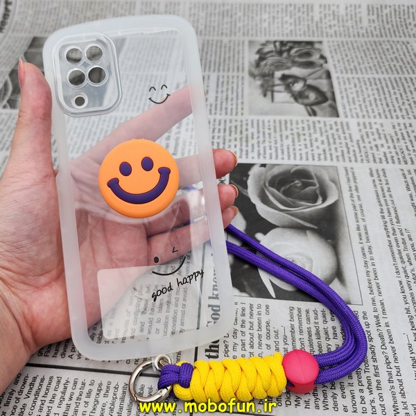 قاب گوشی Galaxy A12 سامسونگ طرح ژله ای شفاف بالشتی لبخند شاد HAPPY محافظ لنز دار بی رنگ آویزدار کد 1083