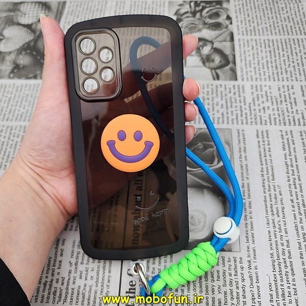 قاب گوشی Galaxy A32 4G سامسونگ طرح ژله ای شفاف بالشتی لبخند شاد HAPPY محافظ لنز دار مشکی آویزدار کد 712