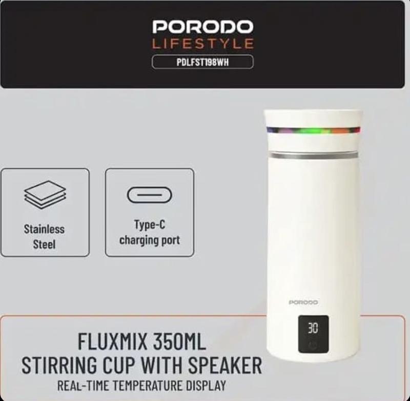 ماگ همزن مغناطیسی و اسپیکر پرودو Porodo Fluxmix 350mL Stirring Cup with Speaker PDLFST198WH