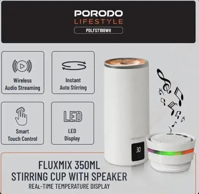 ماگ همزن مغناطیسی و اسپیکر پرودو Porodo Fluxmix 350mL Stirring Cup with Speaker PDLFST198WH