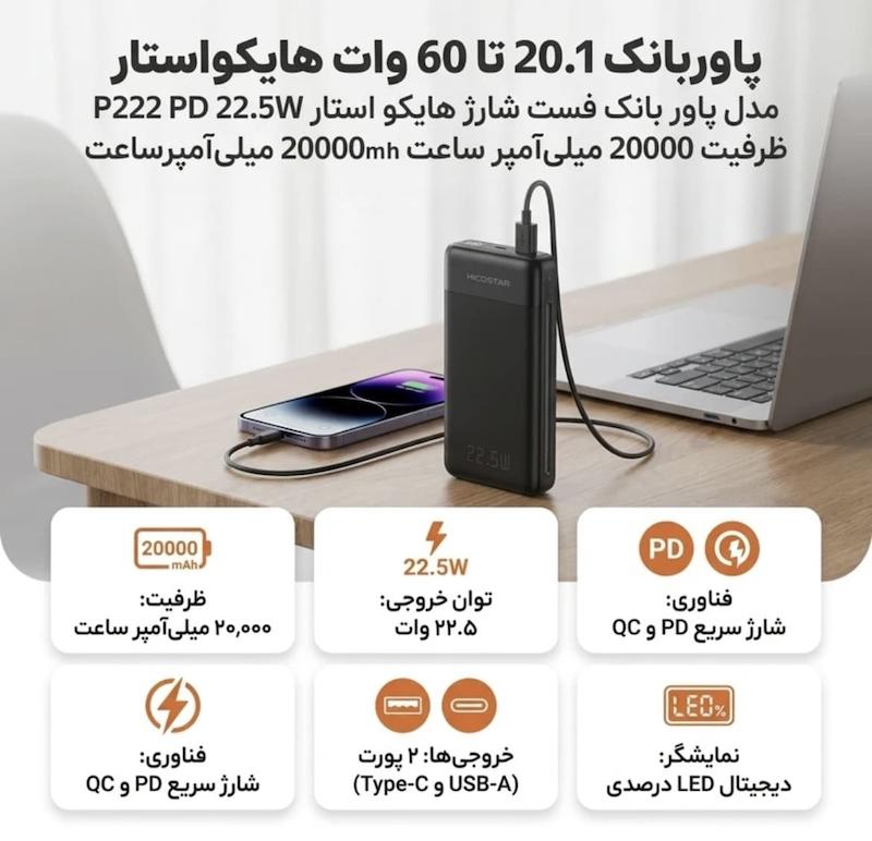 پاوربانک 22.5 وات هایکو استار مدل P222 ظرفیت 20000 میلی‌آمپرساعت