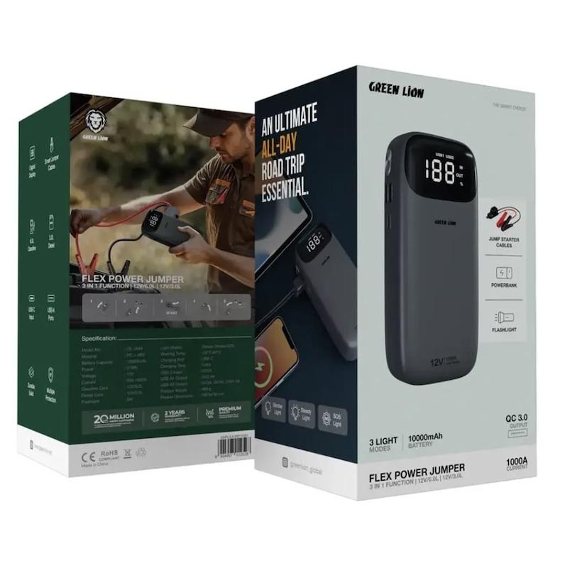 پاوربانک و جامپ استارتر گرین لاین مدل Flex Power GNFLXJUMP10GY ظرفیت ۱۰۰۰۰ میلی آمپر ساعت