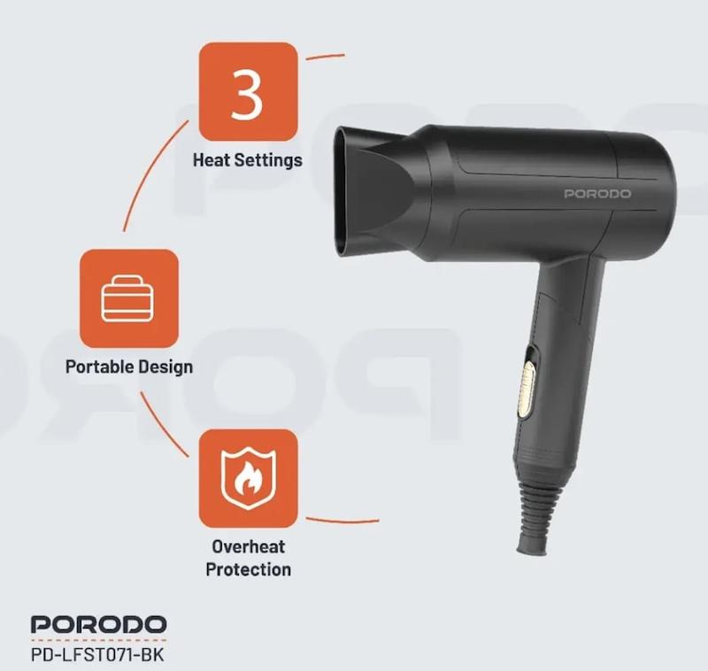 سشوار تاشو پورودو Porodo مدل PD-LFST071-BK توان 1200 وات
