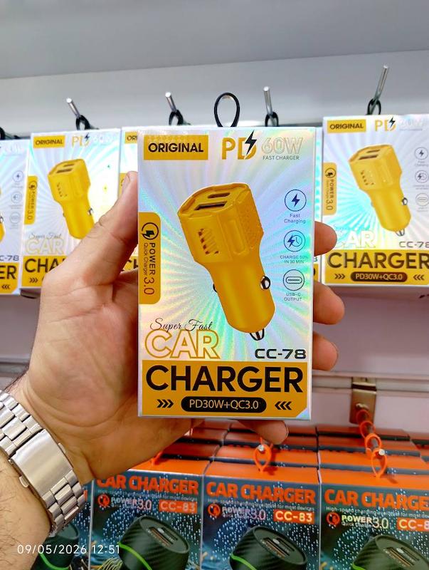 شارژر فندکی خودرو CC-78 فست شارژ دو پورت (Type-C PD + USB) | طراحی زرد و مشکی