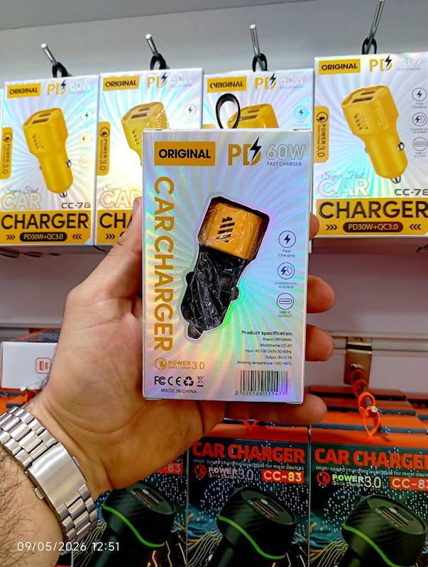 شارژر فندکی خودرو CC-78 فست شارژ دو پورت (Type-C PD + USB) | طراحی زرد و مشکی