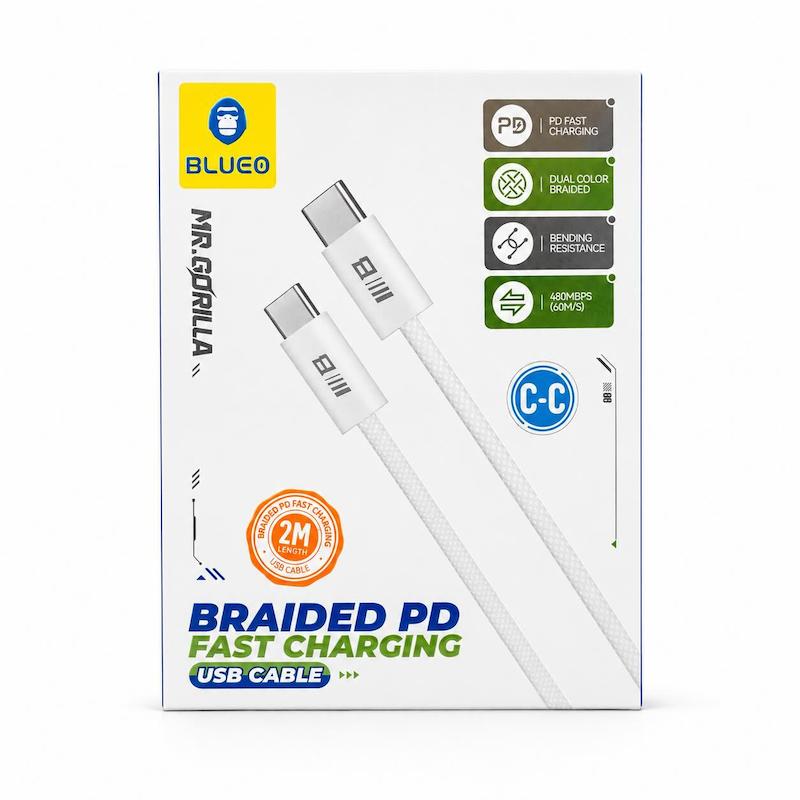 کابل شارژ تایپ C به تایپ C بلو ۲ متری |‌ Blueo type-c to type-c cable Braided PD Fast Charging