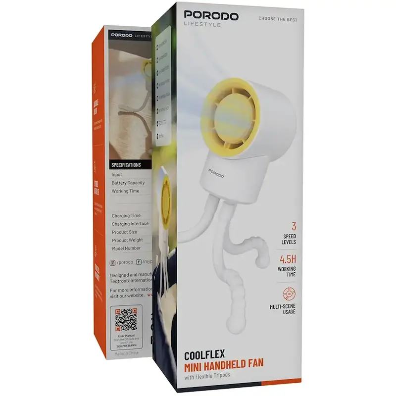 پنکه شارژی پورودو Porodo مدل PDF35AWH با پایه انعطاف پذیر | Porodo Lifestyle Coolflex Mini Handheld Fan pdf35awh