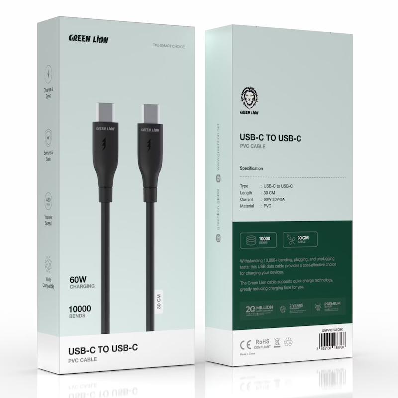کابل گرین لاین USB-C به USB-C مدل PVC با توان ۶۰ وات (۳۰ سانتی‌متر)