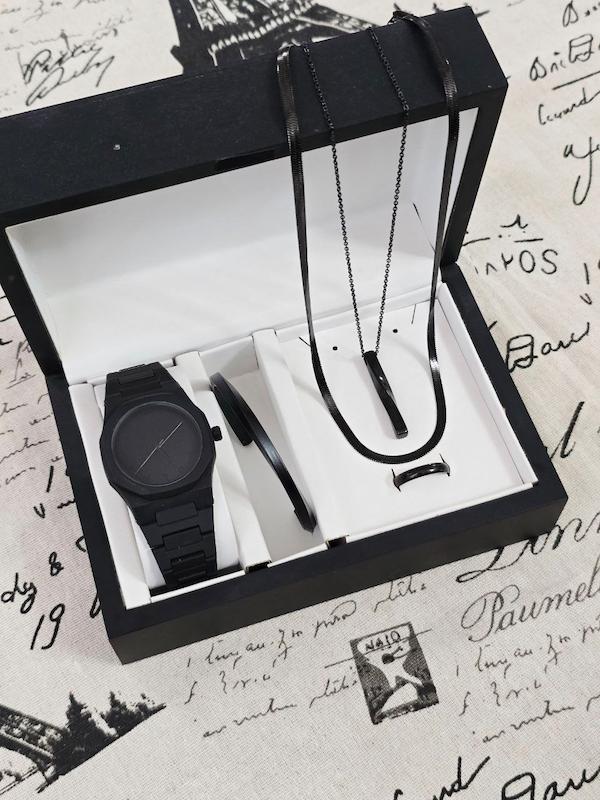 ست ساعت مردانه فول بلک ساعت گردنبند انگشتر استیل