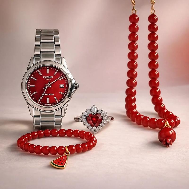 ست زنانه یلدایی ساعت کاسیو گردنبند دستبند انگشتر لاکچری