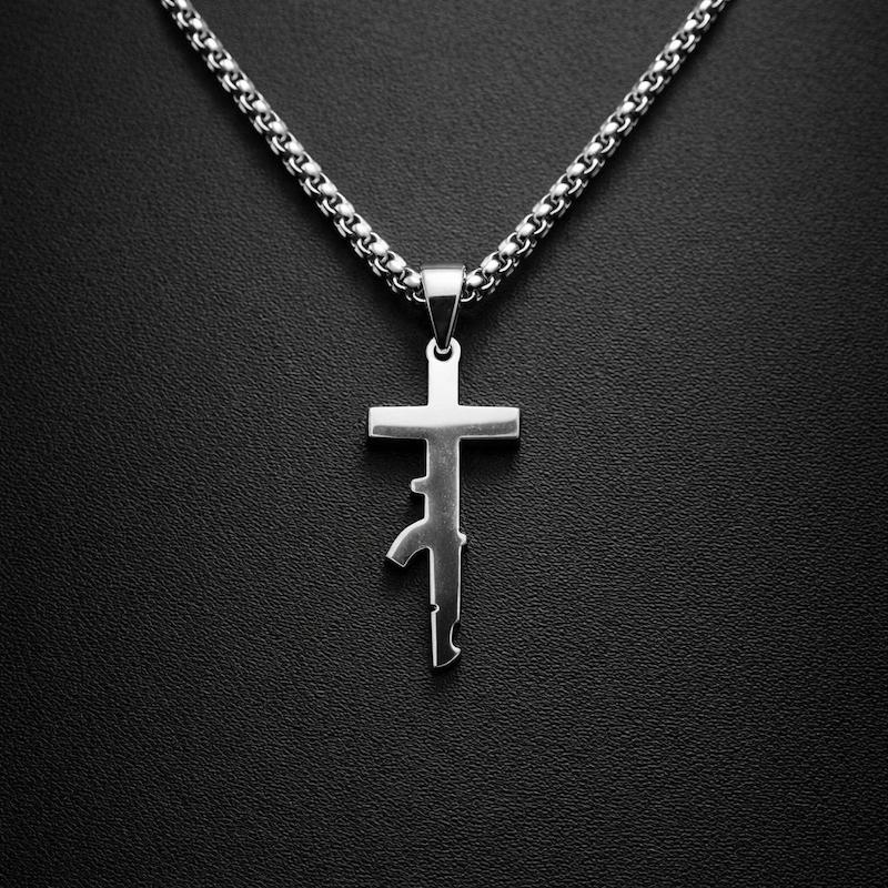 گردنبند استیل طرح صلیب و کلاشینکف