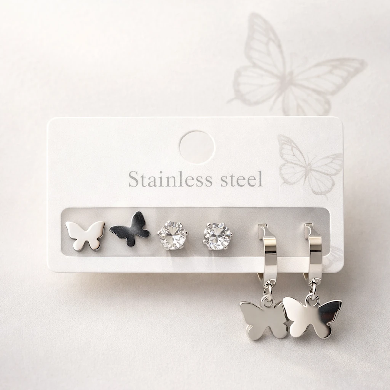 پک گوشواره استیل زنانه طرح پروانه و قلب سه جفت