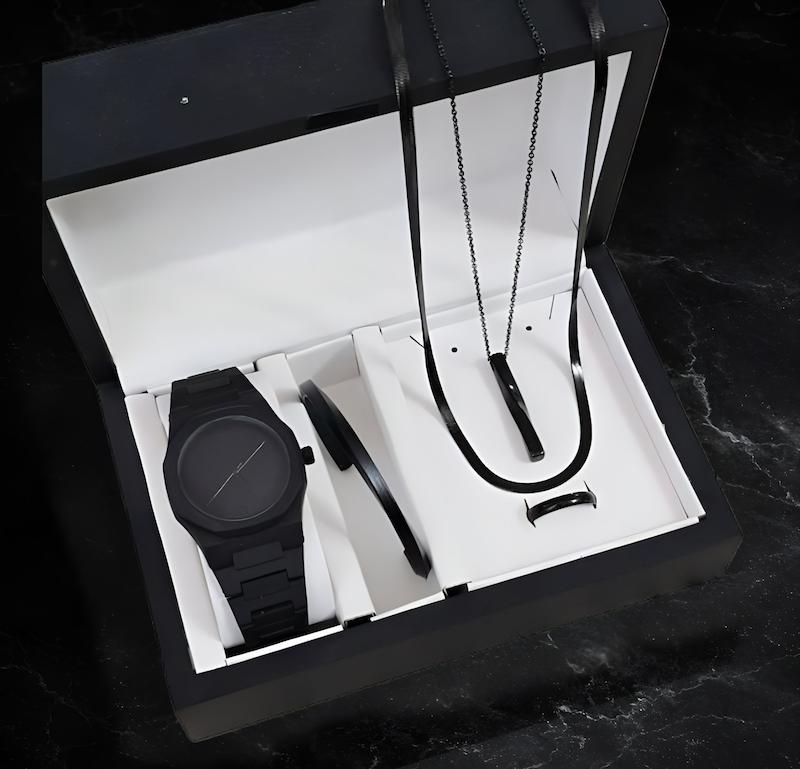 ست ساعت مردانه فول بلک ساعت گردنبند انگشتر استیل