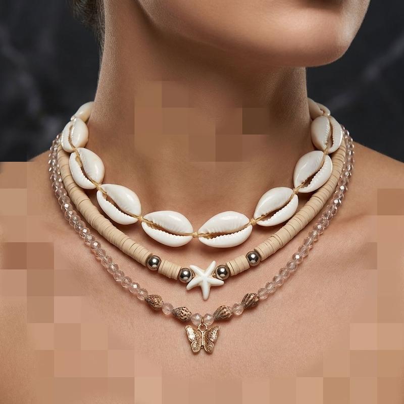 گردنبند سه لاین زنانه طرح صدف و پروانه