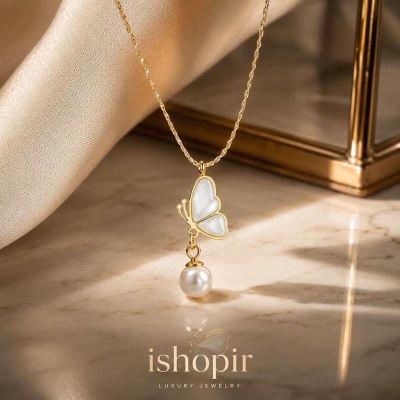 گردنبند استیل زنانه طرح پروانه مینیمال آویز مروارید