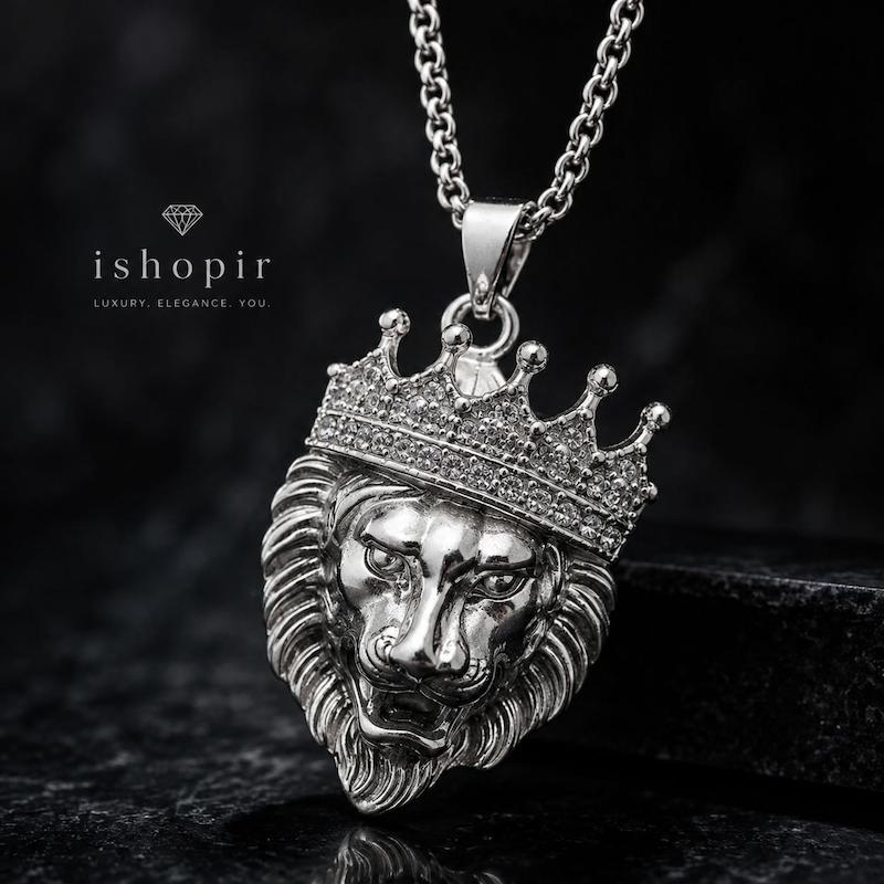 گردنبند مردانه طرح شیر تاج دار گنگ نگینی