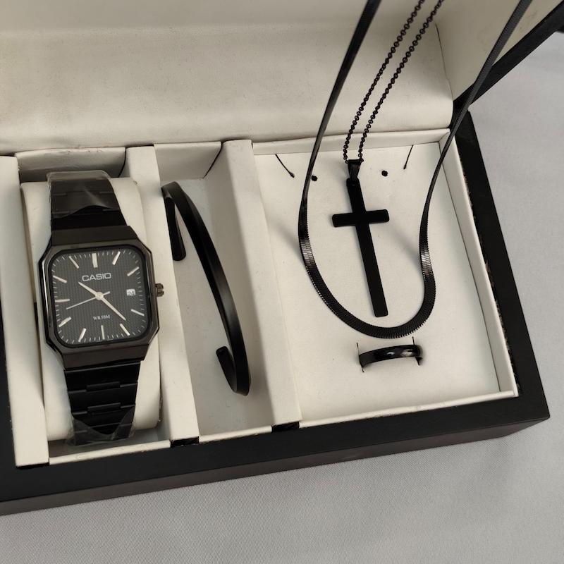 ست ساعت مردانه کاسیو CASIO دو گردنبند و دستبند بنگل حلقه استیل فول بلک