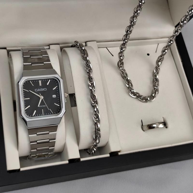 ست ساعت مردانه برند کاسیو CASIO دستبند و گردنبند باف پیچیده حلقه استیل