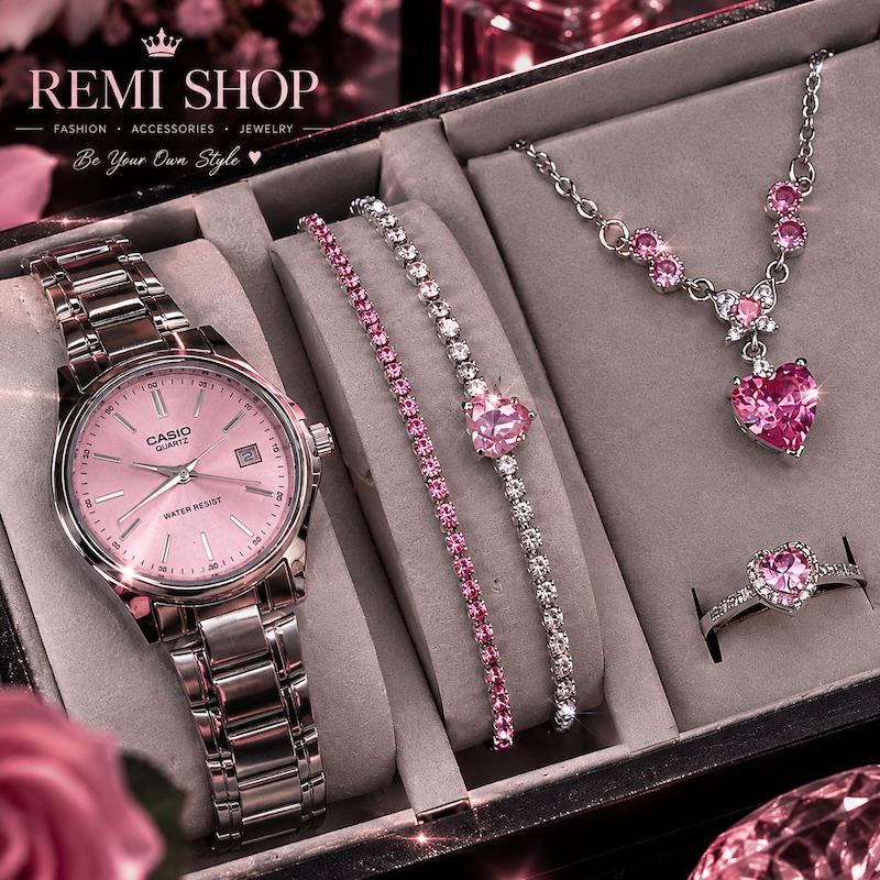ست ساعت کاسیو CASIO و اکسسوری زنانه صورتی طرح قلب جواهری
