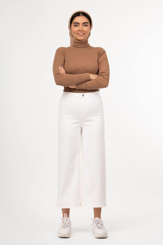 شلوار واید لگ سفید-کتان