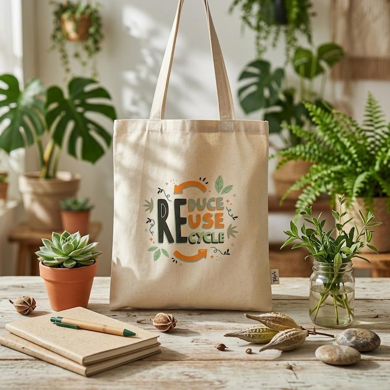 وت بگ پارچه‌ای طرح Reduce Reuse Recycle با چاپ محیط زیستی روی پارچه متقال ضخیم