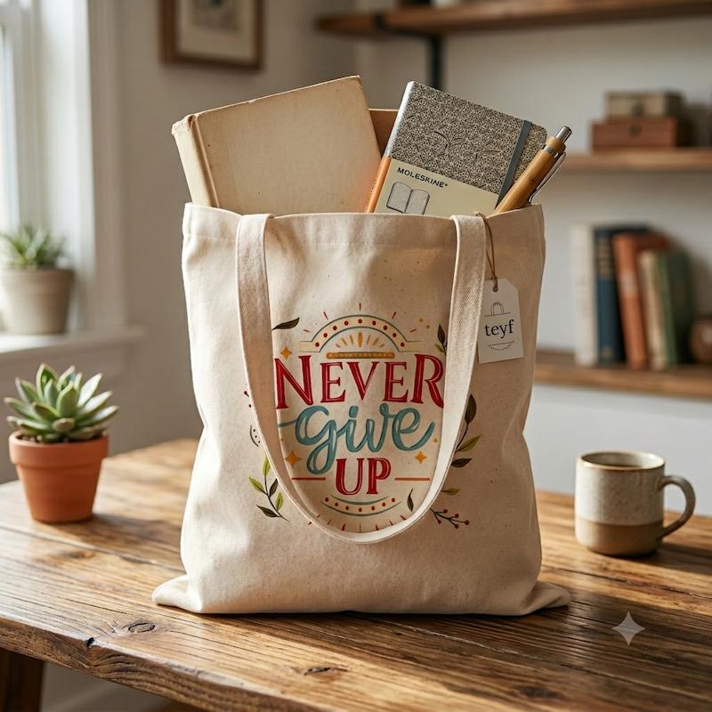 توت بگ متقال تمام پنبه ضخیم ۳۵×۴۰ با دسته پارچه‌ای بلند و طرح انگلیسی Never Give Up