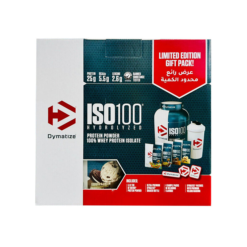 پک لیمیتد دایماتیز پروتئین وی ایزوله به همراه شیکر و وی ساشه ای Dymatize ISO 100 Limited Edition Gift Pack