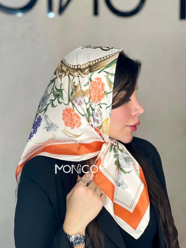 مینی اسکارف ابریشم طرح گل نارنجی کد5056