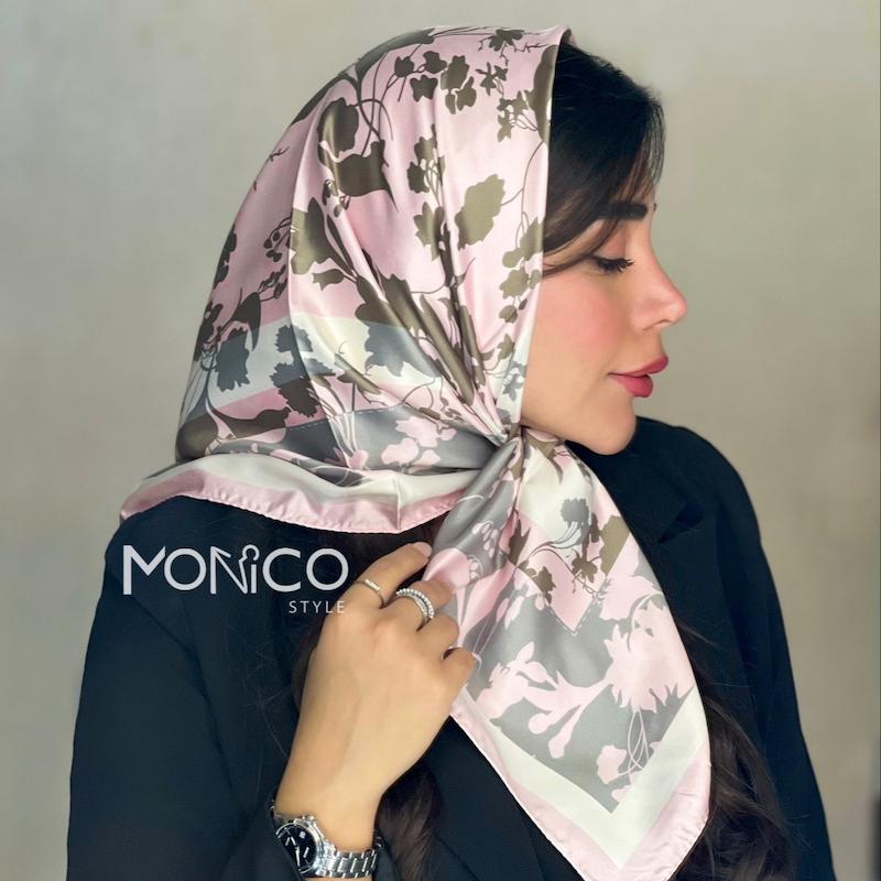 مینی اسکارف ابریشم پترن گل زمینه صورتی کد6085