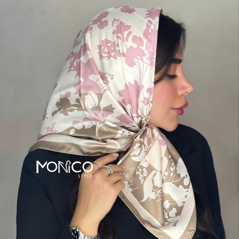 مینی اسکارف ابریشم پترن گل صورتی کرم زمینه شیری کد6087