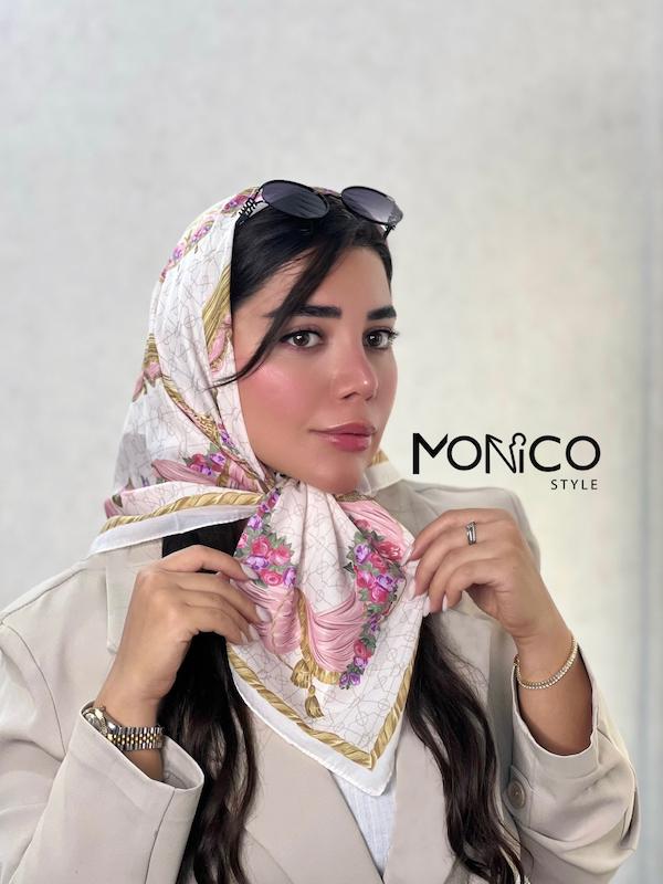 مینی اسکارف حریرابریشم گل پیچ صورتی کد7019