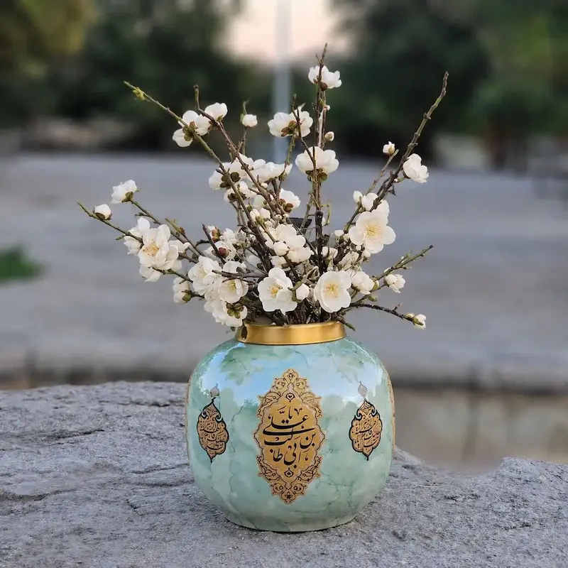 گلدان نفیس طرح علی بن ابیطالب (علیه السلام) فیروزه ای
