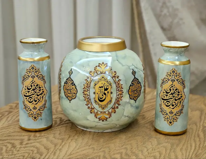 ست سه تایی گلدان نفیس اهل بیت طرح سنگ فیروزه