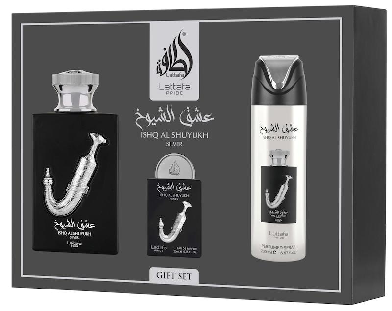 گیفت ست ادکلن زنانه و مردانه عشق الشیوخ سیلور برند لطافه Lattafa Ishq Al Shuyukh Silver حجم 150 میلی‌لیتر