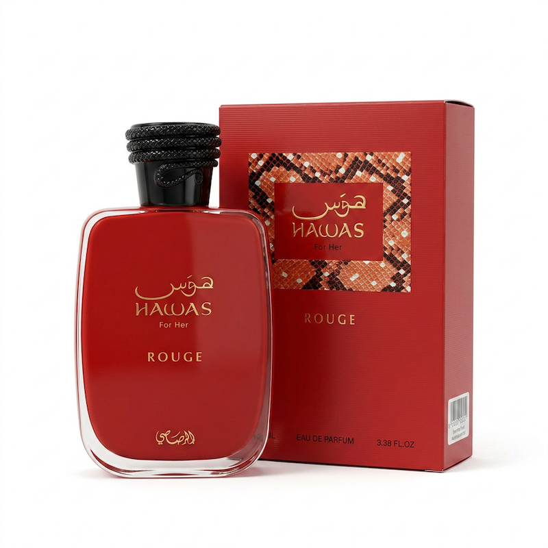 ادکلن ادوپرفیوم زنانه هوس رژ (روج) برند رصاصی Rasasi Hawas for Her Rouge حجم ۱۰۰ میلی‌لیتر