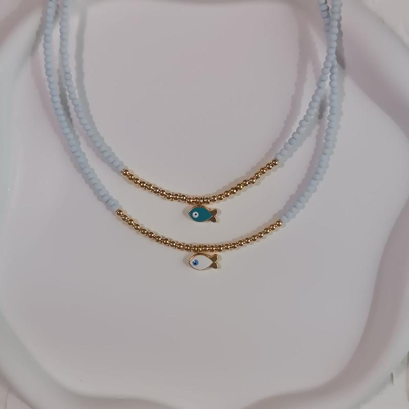 گردنبند فیمو ماهی با پلاک استیل آبکاری طلا در دو رنگ سفید و سبز – طول ۴۰ سانتی‌متر + ۵ سانتی‌متر زنجیر اضافه