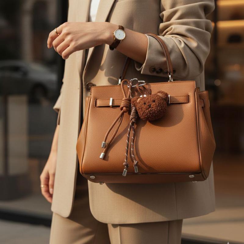 استایل خیابانی با کیف دستی قهوه‌ای و آویز خرس تدی در دست مدل